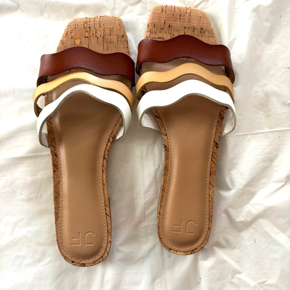 NWT JF Just Fab Wave Slip-On Sandals Brown Tan White SZ 7 - Picture 2 of 11
